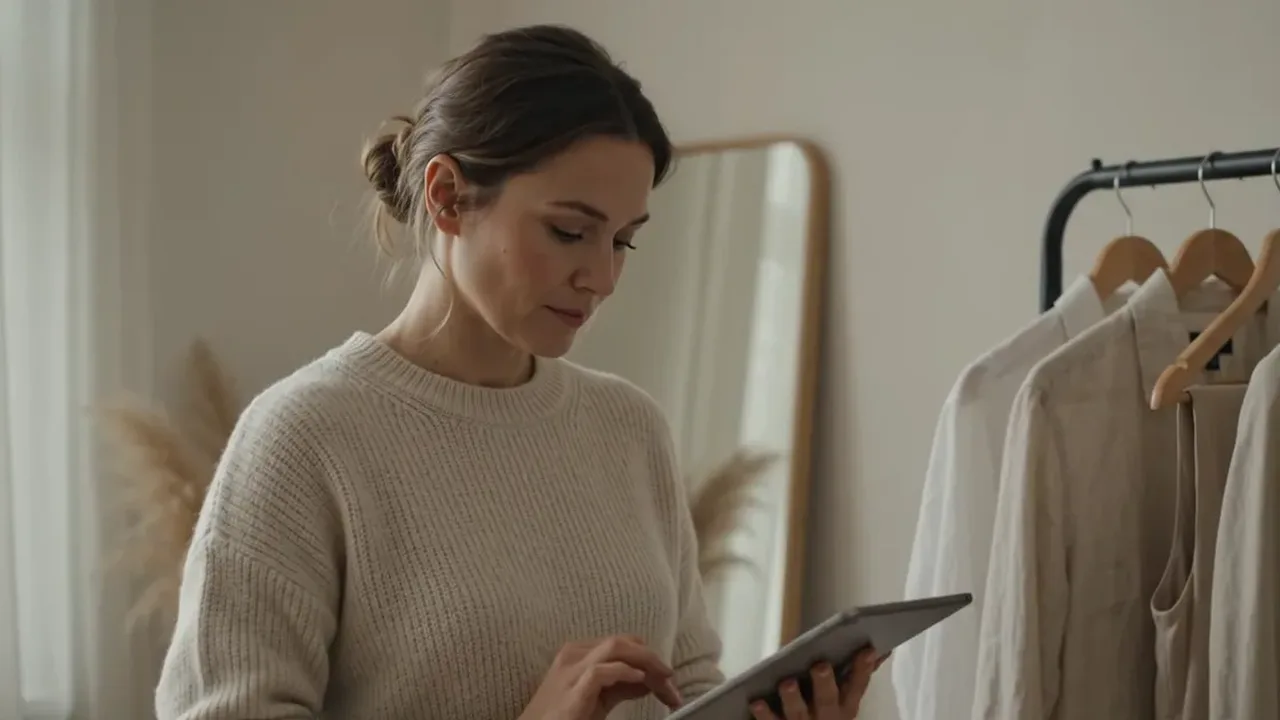 Eine Beraterin mit Tablet neben einer Kleiderstange